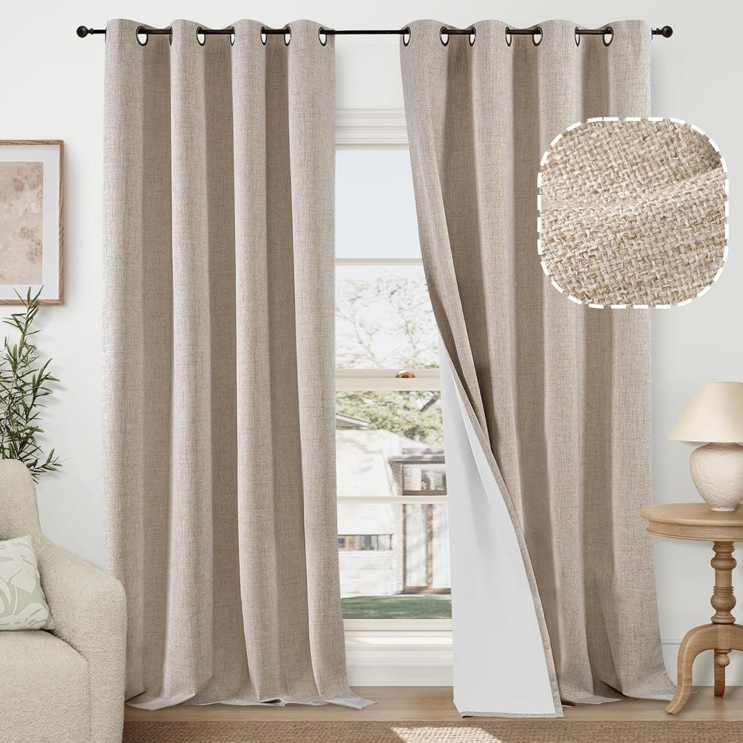 60 Inch Wide Linen Blackout Curtains for Living Room/Bedroom 84 Inch Length 2 Panels, Total Black Out Thermal Insulated Soundproof Grommet Boho Window Drapes White Liner for Modern Farmhouse, Beige