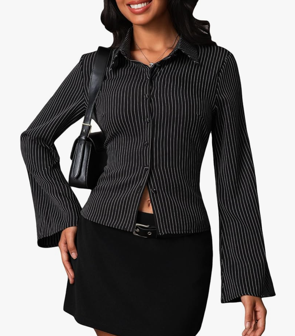 Women Striped Fitted Button Down Shirts Bell Long Sleeve Shirt Office Work Blouse Tops Medium