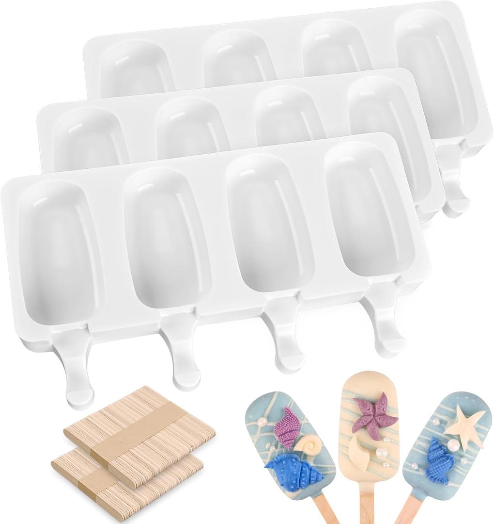 Sakolla Mini Popsicle Silicone Molds, 4 Cavities Homemade Ice Cream Molds with 100 Wooden Sticks for Ice Pop, Cakesicles, Cake Pop (Set of 3, White)