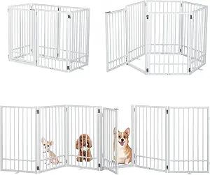 SMONTER Freestanding Dog Gate with Door Walk Through, 120'' Extra Wide Indoor Dog Fence, 31.5'' H 6 Panels Foldable Metal Pet Puppy Gate for Stairs, Hallways, Doorway, White