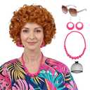 Orange Wig for Women Landlady Costume Red Orange Curly Synthetic Wig With Hot Pink Jewelry Necklace+Earrings+Glasses Ginger Wigs For Cospaly Halloween Party Use