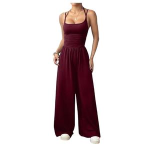 Floerns Women's Summer Jumpsuit Spaghetti Strap One Piece Outfit Wide Leg Baggy Pants Romper Burgundy Small