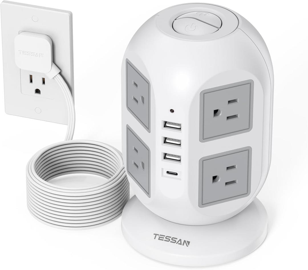 TESSAN Tower Surge Protector Power Strip 10 ft, Long Flat Extension Cord with Multiple Outlets, 8 AC Outlets with 4 USB Ports (1 USB C), Charging Station with Surge Protection, for Home Office Dorm (Grey)