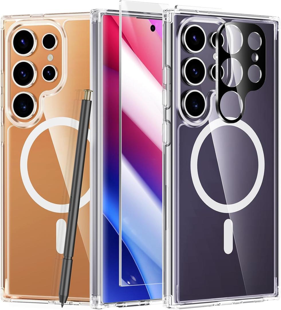 FNTCASE for Samsung Galaxy S24-Ultra Case: Shockproof Clear S24 Ultra 5G Protective Cell Phone Cases - Anti Yellowing Slim Silicone Hard Cases - Durable Full Protection Phone Cover (Clear Magnetic)