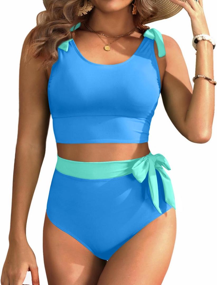 Two Piece High Waisted Swimsuits - Women Tummy Control Bikini Modest Bathing Suit 2PC 2025 (Large, Blue and Green)