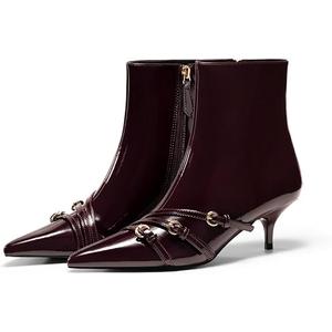 Coutgo Womens Buckle Strap Ankle Booties Kitten Low Heel Pointed Toe Y2K Boots Side Zipper Fall Shoes, Size 7, Burgundy