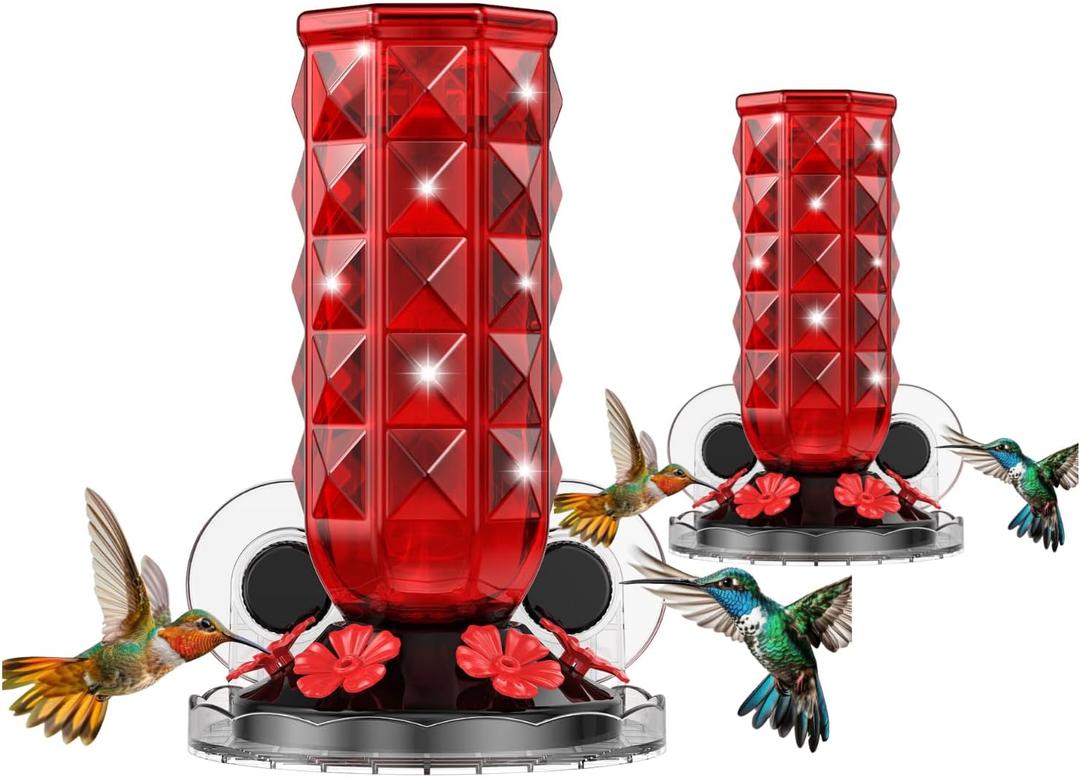 MrCrafts 2Pcs Window Hummingbird Feeder 16oz - Attract 8X More Hummingbirds with Red Diamond-Textured Glass, Ideal for Attracting Wild Birds Outdoor, Bird Watching Gift for Women & Nature Lovers