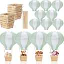 Meooeck 8 Sets Hot Air Balloons Baby Shower Table Decorations Centerpieces 11.8'' Paper Lanterns with Baskets Sticks for Gender Reveal Birthday Wedding Graduation Party (Sage Green with White)