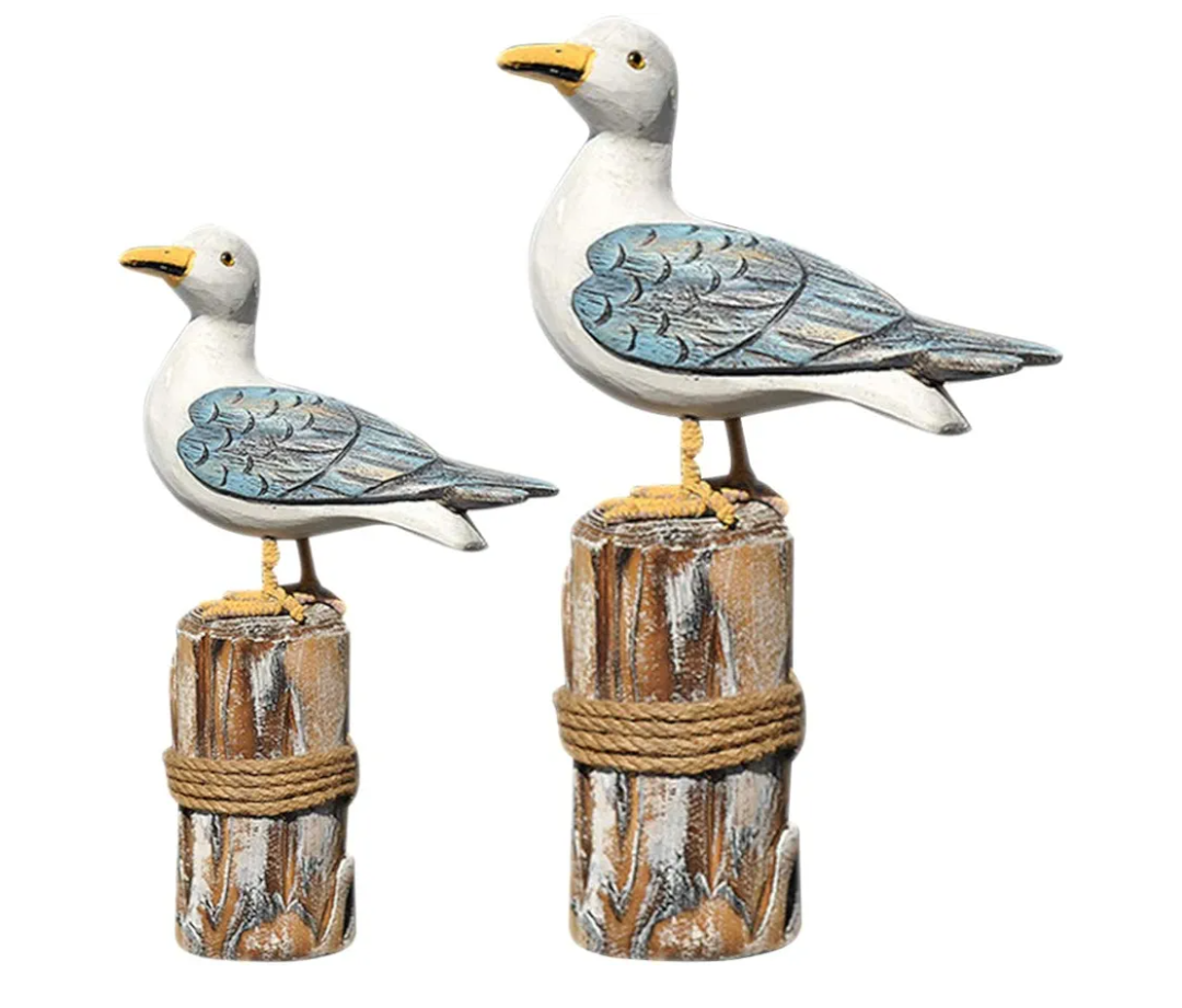Sewroro Wooden Seagull Figurine Coastal Decor for Home Mediterranean Style Sea Bird Ornament Artistic Sculpture for Office or Living Room Decoration