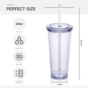 Double Wall Plastic Tumblers with Lids and Straws | Large Classic Travel Tumbler | 2 Pack | Clear Reusable Cups with Straws | BPA Free