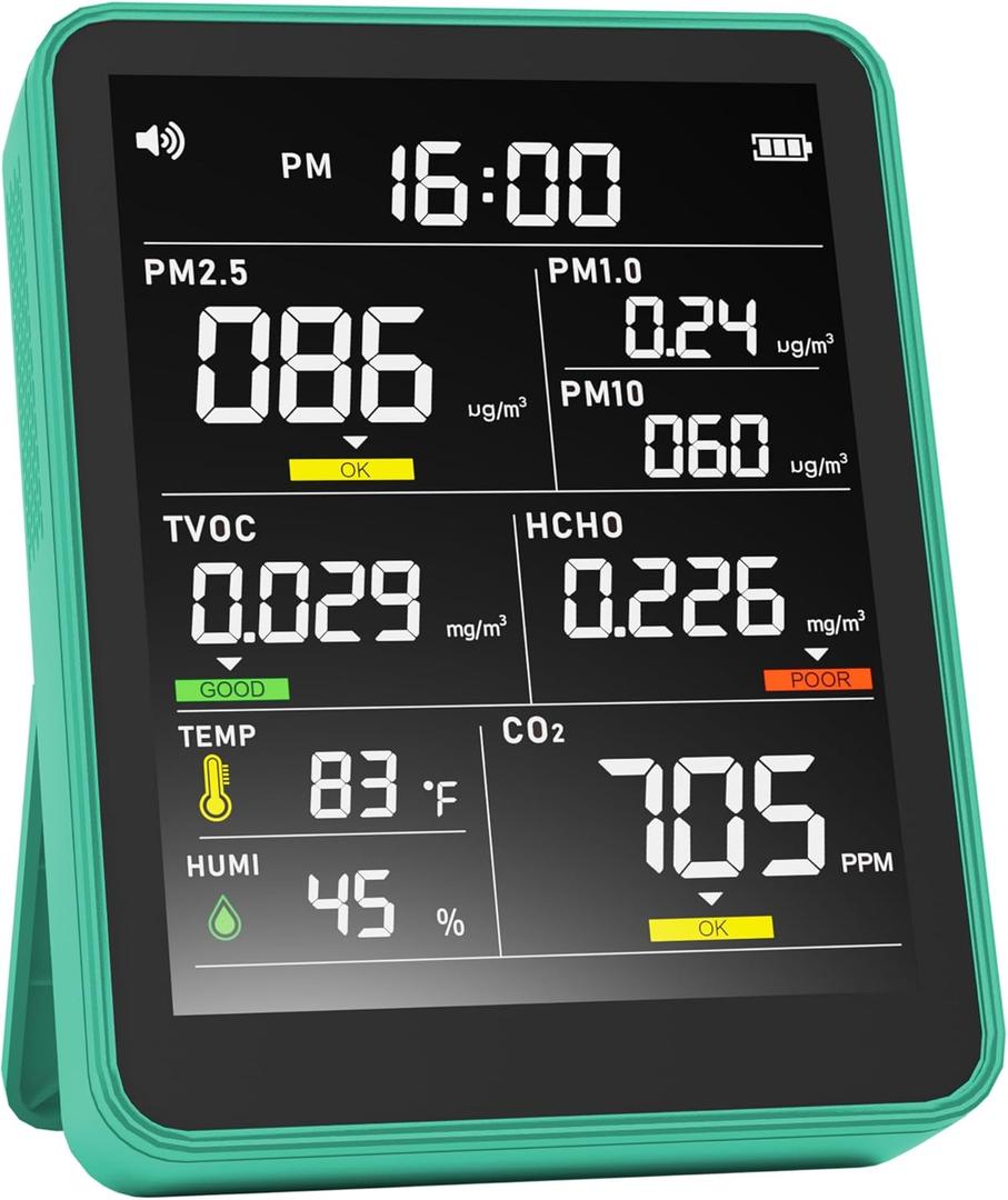 Air Quality Monitor Indoor,13-in-1 Smart Air Quality Tester with PM 2.5, CO2, TVOC, HCHO, PM1, AQI, PM10, Temperature & Humidity, Real Time Display, Battery Powered, for Home & Office (Green)