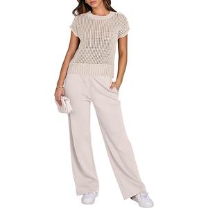 ANRABESS Women Two Piece Outfits Crochet Sheer Knit Sweater Top Wide Leg Pants Lounge Matching Sets Sweatsuit Travel Clothes S