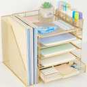 Desk Organizer, 5-Tier Paper Letter Tray Organizer with File Holder, Drawer and Pen Holder, Desktop Organizer for Office Supplies, Gold