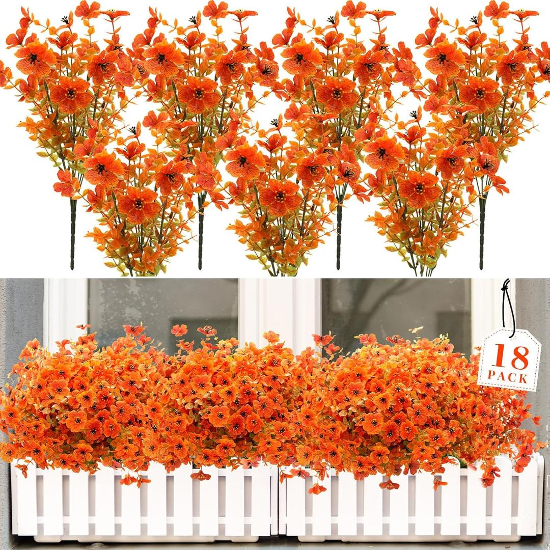 18 Bundles Artificial Flowers for Outdoors UV Resistant Fake Flowers Realistic Faux Flowers Artificial Plants Outdoor for Fall Indoor Garden Patio Window Box Kitchen Home Autumn Decor (Orange)