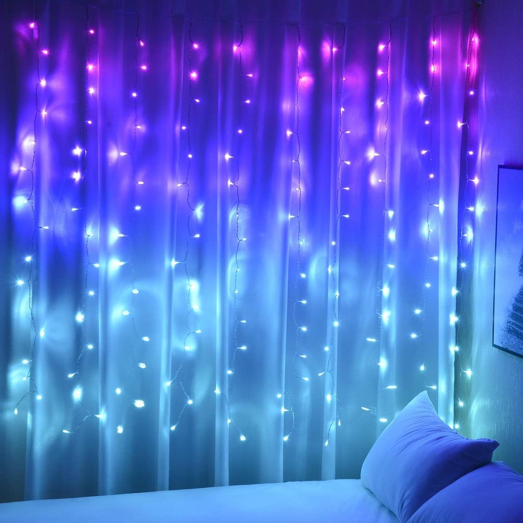 Curtain Lights Pink Blue Purple Fairy Lights for Bedroom Wall Hanging for Teen Girls Unicorn Mermaid Under The Sea Ocean Nautical Beach Themed Room Decor (Purple Blue Ombre)