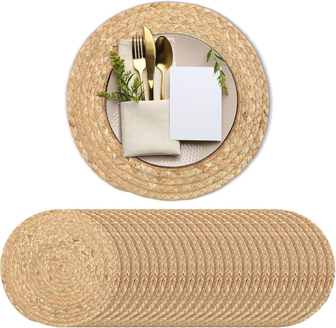 Kochorie Set of 24 Round Woven Placemats 12-Inch Natural Water Hyacinth Plant Placemats Hand-Woven Boho Rattan Placemat Wicker Weave Table Mats for Home Dinner Plates Holiday Supplies