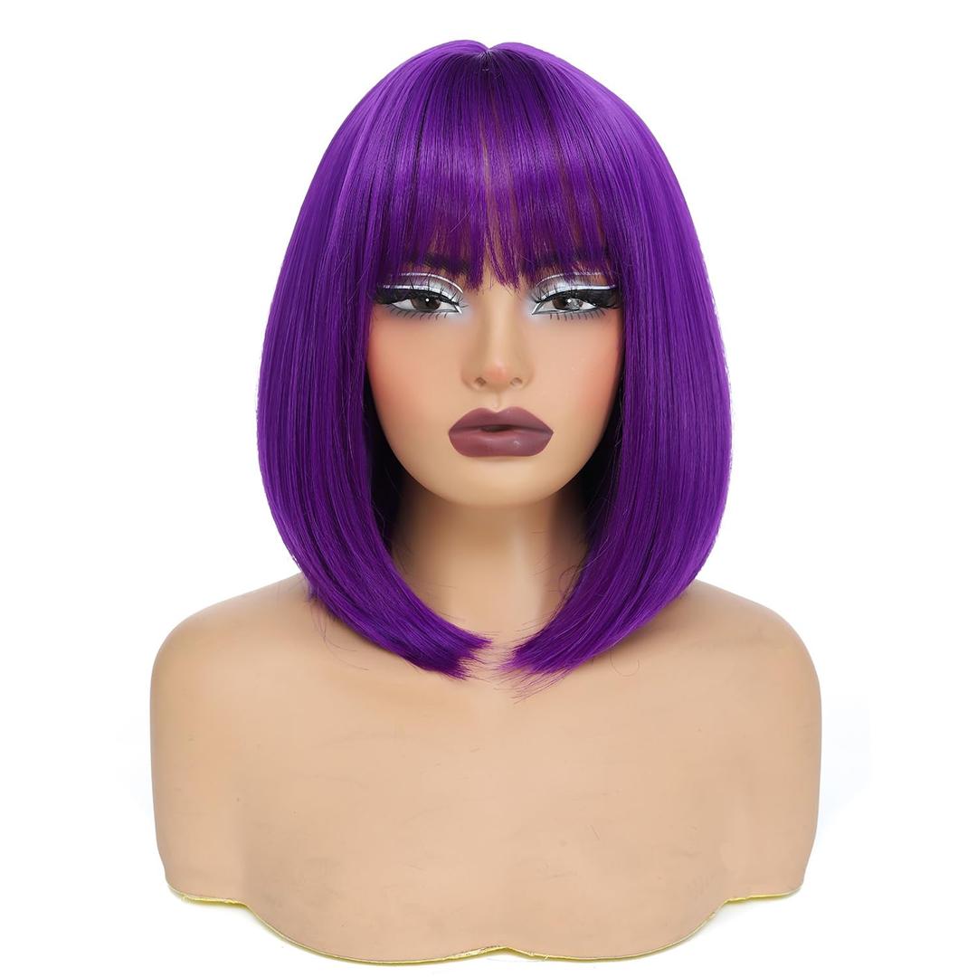 Bob Purple Wig for Women Short Straight Dark Purple Wigs with Bangs Natural Fashion Synthetic Wig for Party Daily Cosplay Colorful Costume Wig Use 12 Inch