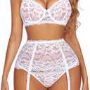 Avidlove Women Lingerie Set High Waisted Underwire Lingerie With Garter Belt Lace Babydoll (Medium, White)