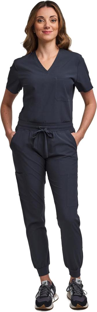 Women's Tuck-In Top/Jogger Scrub Set Medical Nursing Top and Pant Medical Suit ,Gray ,Size L