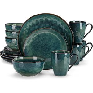 vancasso Starry Dinnerware Set for 4, 16 Pieces Handmade Reactive Glaze Stoneware Plates and Bowls Sets with Mugs, Dishwasher and Microwave Safe Dish Set, Green