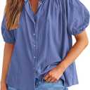 PRETTYGARDEN Women's Summer Button Down Shirts Short Lantern Sleeve V Neck Cotton Cute Dressy Casual Ladies Tops Blouses (X-Large, Grey Blue)