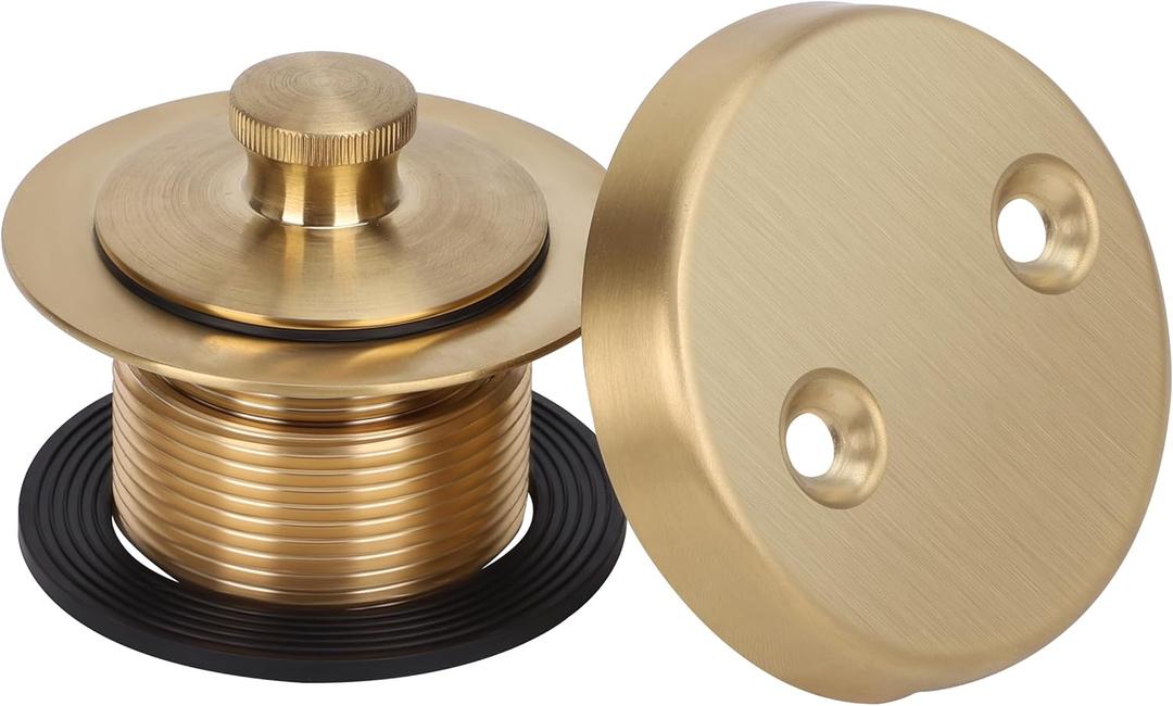 PRIMSOPH Lift Turn Tub Drain Trim Kit with Two Hole Overflow Faceplate Conversion Kit Assembly Universal Fine Coarse Thread Replacement Brushed Gold