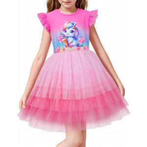 LQSZ Girls Tulle Dresses Princess Flutter Sleeve Tutu Dress for Toddler Girl 3-12 Years (Pink)