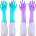 Elgood Reusable Long Sleeve Dishwashing Cleaning Gloves with Latex Free,Cotton Lining,Kitchen Gloves 2 Pairs,Purple+Blue L