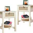 SICOTAS White Nightstand Set of 2,Rattan Decor Drawer with Brass Knobs Night Stand Wood Bedside Table Boho End Tables Side Tables with Storage Shelf (White Cream Oak)