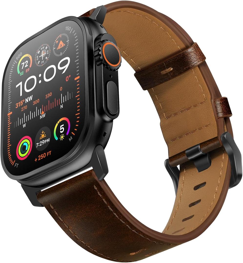 UUPWPOKT Leather Band Compatible with Apple Watch Ultra 3/2/1 Band 49mm 46mm 45mm 44mm 42mm Men, Genuine Leather Strap for iWatch Ultra Series 11 10 9 8 7 6 5 4 3 2 1 SE 3/2/1, Dark Brown/Black