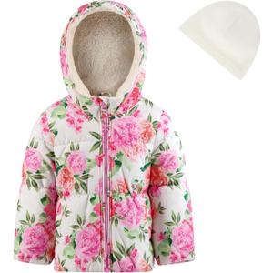 LONDON FOG Girls' Heavyweight Puffer Jacket With Beanie and Soft Fleece Lining (3T, Floral)