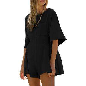 Yousify Rompers for Women 2025 Spring Outfits Summer Casual Short Sleeve Crew Neck Loose Jumpsuits with Pocket (Medium, Black)