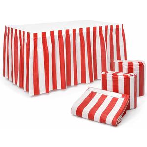 Oojami Pack of 4 Classic Red & White Striped Table Skirts - Perfect for Carnival, Circus Themed Parties, and More - Easy to Apply, 14ft Length Each