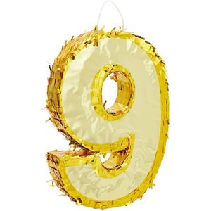 Juvale Gold Foil Number 9 Pinata - Easy Fill for 9th Birthday Parties - Durable Metallic Kids Pinata - Tabletop & Hanging Centerpiece - Gold, Small, 15.5 x 11 x 3 in