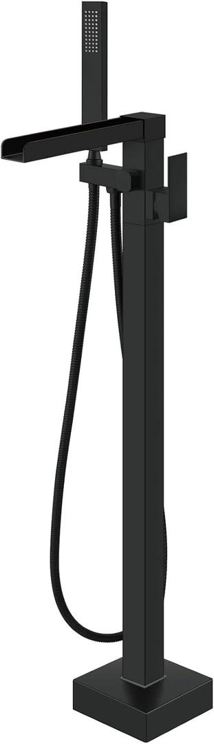 Aolemi Freestanding Bathtub Faucet Floor Mount Tub Filler Single Handle Brass Standing Bathtub Tap with Handheld Spray Swivel Right Angle Waterfall Spout Matte Black