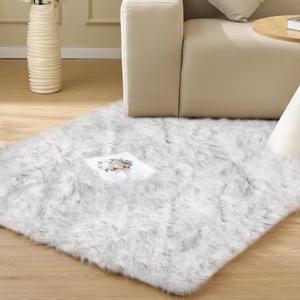 ORINOVA White and Gray Furry Carpet for Bedroom Fuzzy Faux Sheepskin Washable Fur Area Rugs for Living Room Rug 4x6 Rectangle Nursery Rug (White With Grey Tips)