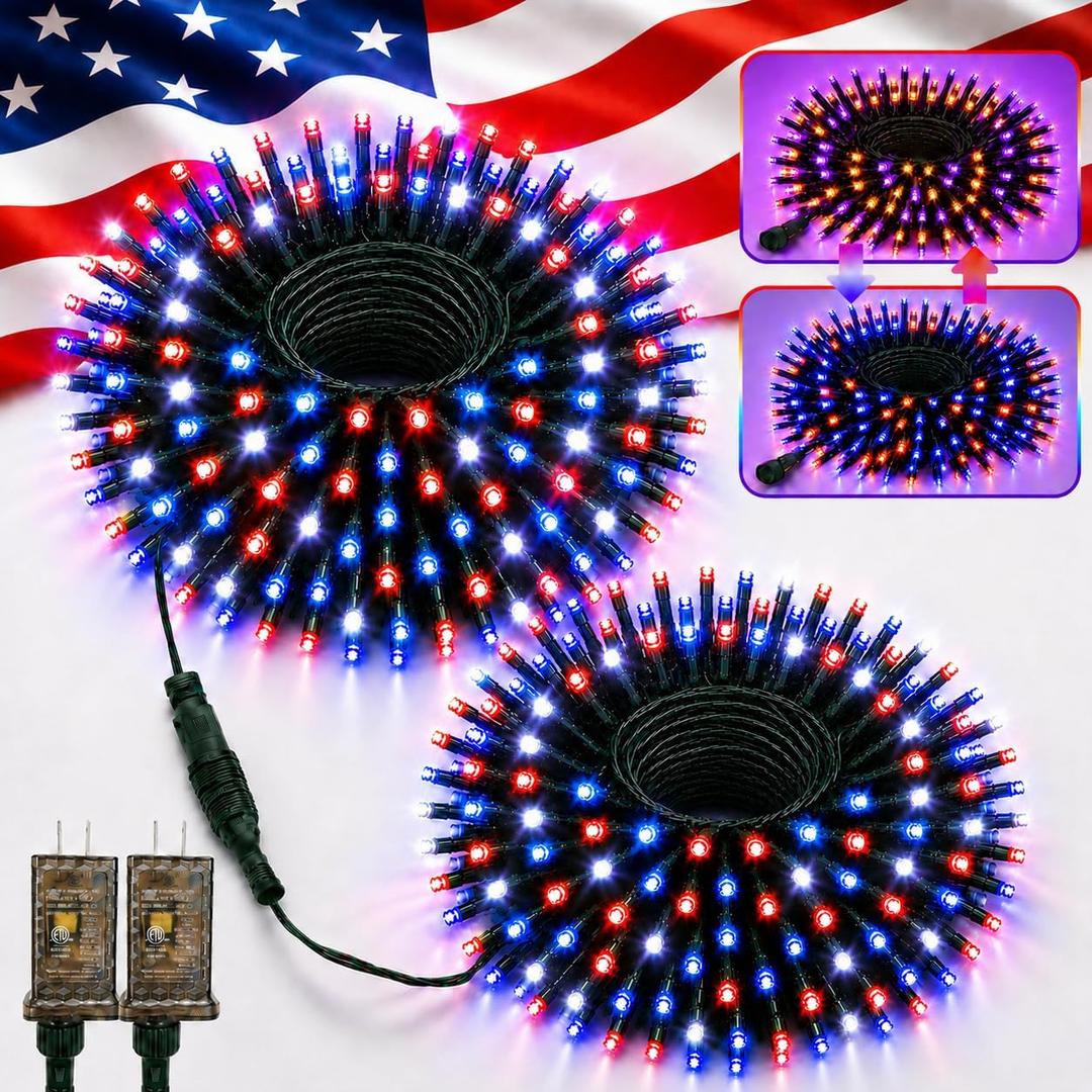 400LED Red White and Blue Lights, 2Pack 152ft Connectable 4th of July String Lights Outdoor, Waterproof 11 Modes 2 Festival Color Patriotic Light for Independence Day Halloween(RWB & Purple Orange)