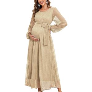 2025 Maternity Sparkly Mesh Maxi Flowy Dress with Belt Long Sleeves Pregnant Long Dress Baby Shower Photoshoot Formal (Small, Gold)