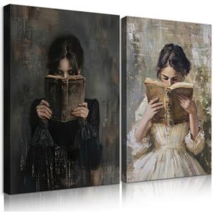 Dark Academia Wall Art Vintage Gothic Victorian Woman Reading Book Poster Print Aesthetic Dark Moody College Girl Painting Picture Wall Decor for Library Bedroom Dorm Living Room 12x16in 2pcs (12L" x 16W")