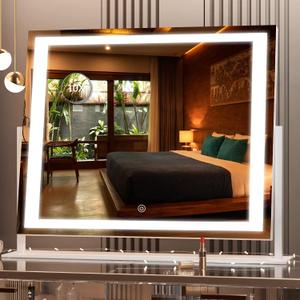 Hasipu Vanity Mirror with Lights, 24.2" x 19.7" LED Makeup Mirror, Light up Mirror with 10X Magnification, Smart Touch 3 Colors Dimmable, Brightness Adjustment, 360 Rotation (Right Angle White)