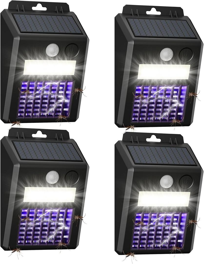 4 Pack of Solar Bug Zapper Outdoor & Mosquito Light - 1000V Electric Bug Trap, Solar-Powered Fly Killer with Motion Sensor, Waterproof & Cordless