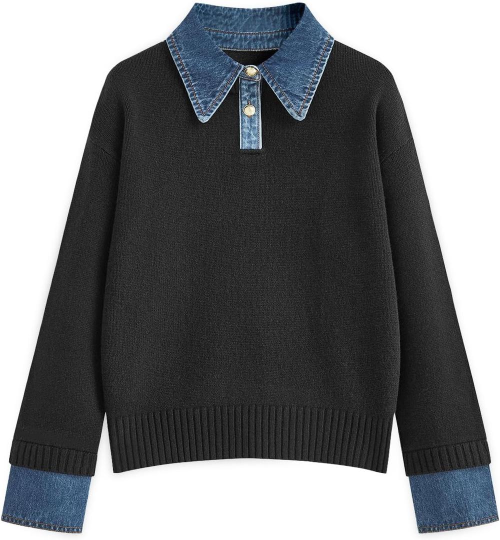 GUNEST Womens Oversized Sweater Cozy Chunky Long Sleeve Mock Turtleneck V Neck Button Down Denim Polo Pullover Tunic Sweaters (Large, Black)