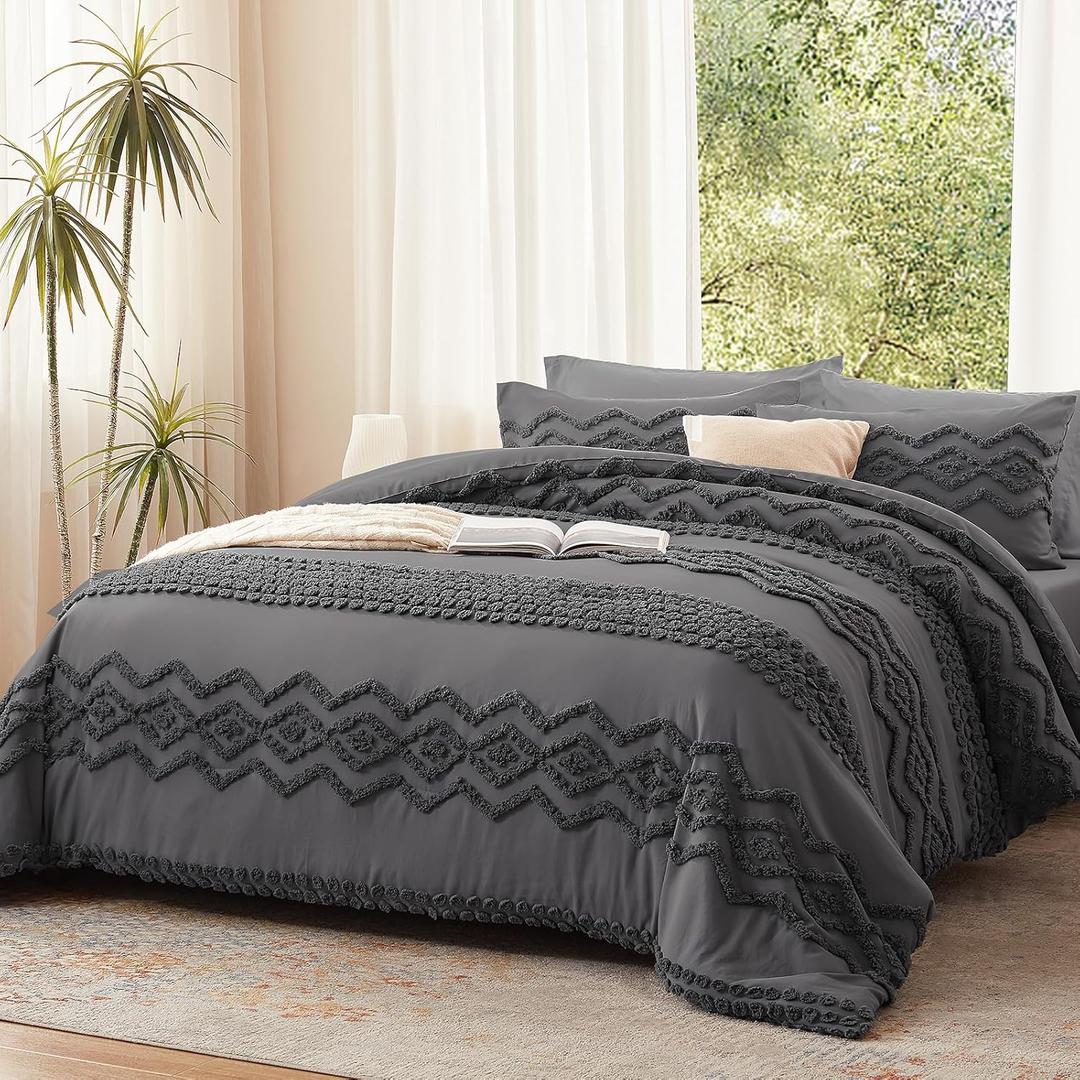 Luxudecor Grey Tufted Comforter Set Queen Size 3 Pieces Boho Shabby Chic Comforter Farmhouse Embroidery Bedding Set Soft Comforter for All Seasons (Grey, 90''x90'')