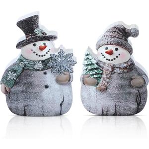 Menkxi 2 Pcs Christmas Snowman Figurines Snowy Glitter Snow Man Decorative Statue Wooden Snowman Couple Tabletop Decoration Set for Winter Holiday Table Centerpieces Xmas Gift Party Supplies