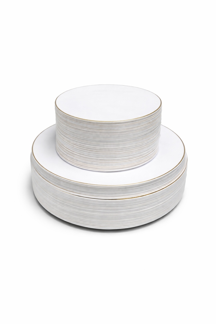 KIRE 100PCS Black and Gold Plates - Black Plastic Plates Disposable with Gold Rim for Halloween Party/Wedding/Birthday Include 50Pcs 10.25inch for Dinner and 50Pcs 7.5inch for Dessert/Salad