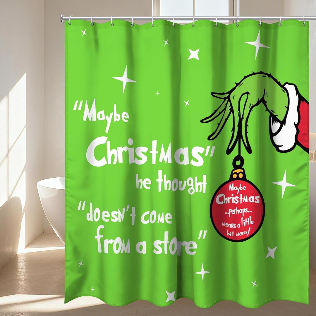 Christmas Shower Curtain and Ring Set, Green Shower Curtain with 12 Plastic Hooks for Bathroom Winter Holiday Xmas Decoration 72" x 72" (Green3)