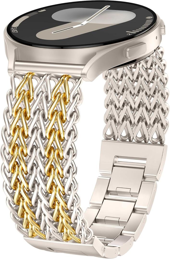 Minyee Compatible with Samsung Galaxy Watch 7 6 5 4 FE 40mm 44mm/Watch 6 Classic 43mm 47mm/Watch 5 Pro 45mm Bands Women, 20mm Dressy Stainless Steel Metal Gold Chain Strap Mermaid Designer Wristband