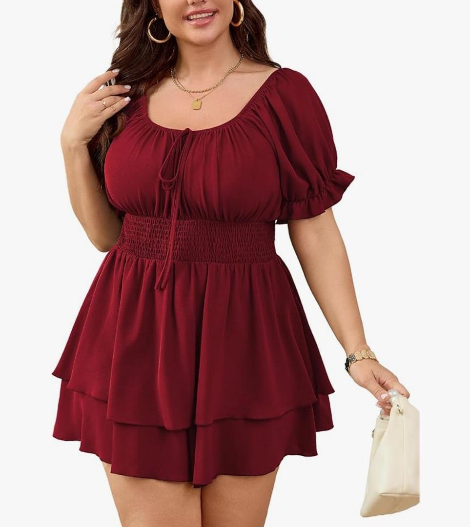 SCOMCHIC Women Plus Size Romper Dress Summer Short Jumpsuit Square Neck Puff Sleeve High Waist Ruffle Boho Jumpsuits,4XL