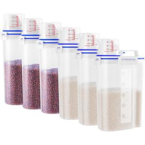 6 Pcs Set Rice Storage Container, Flour Dispenser with Pouring Spout & Measuring Cup, Kitchen Plastic Dry Food Storage Bin for Grain Oatmeal Snacks Pet Dog Food