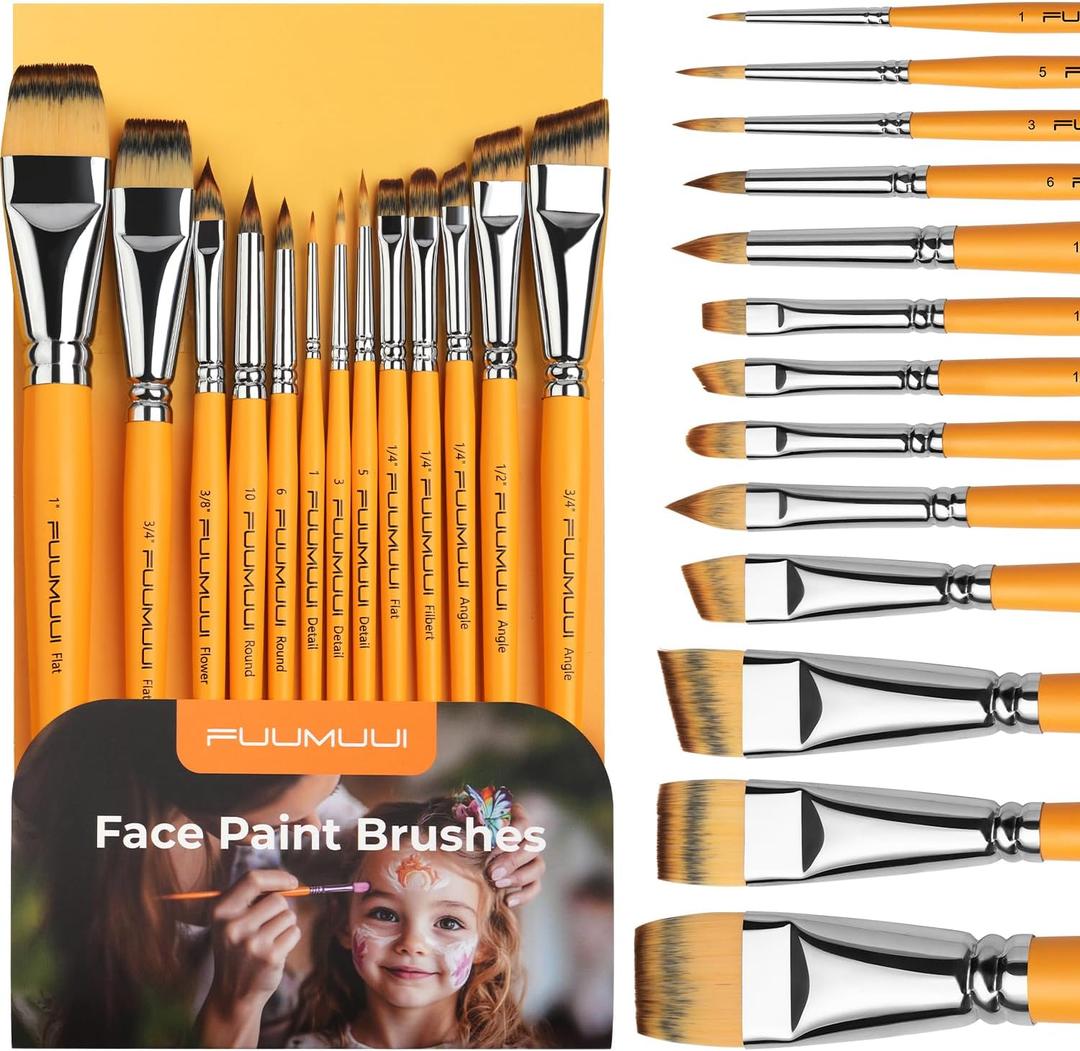 Face Painting Brushes, Fuumuui 13pcs Professional Synthetic Brushes for Face & Body Painting with Halloween, Cosplay, Costume & Theater - Acrylic Watercolor Oil Gouache